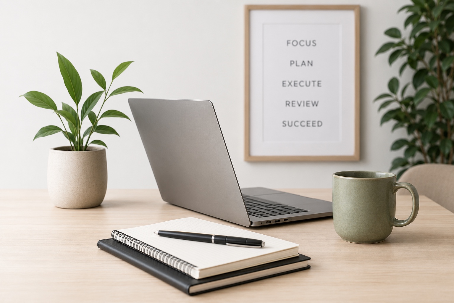 Professional desk with laptop, plant, notebook and coffee mug